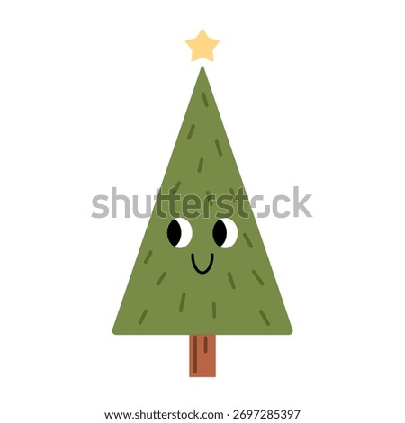 Vector illustration of cute Christmas tree with star on top, smiling face, cartoon eyes, triangle shape, and green branches. Fun festive character for winter holiday cards, kids decor, stickers.