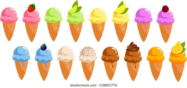 Vector illustration of cute chubby little ice cream cones in different flavors and colors.