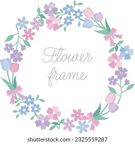 Vector illustration of cute circular frame with tulips and other flowers and ribbons