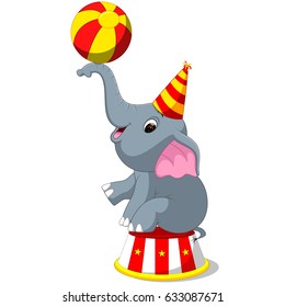 vector illustration of Cute Circus elephant with a striped ball stands on a podium