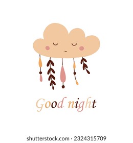 Vector illustration of cute cloud in kids boho style. Cute hand drawn boho cloud with colored rain. Boho style childrens room decoration.