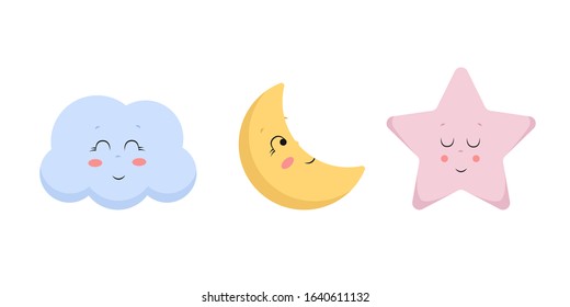 Vector illustration of cute cloud, moon and star. Scandinavian nursery print design.