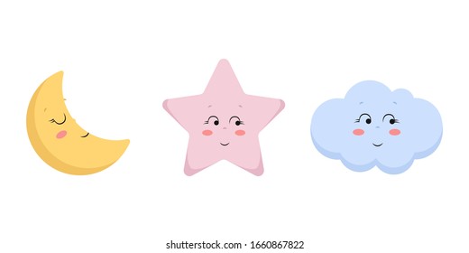 Vector illustration of cute cloud, moon and star. Scandinavian nursery print design.