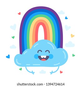 Vector illustration with cute cloud, rainbow and hearts. Lovely cute cloud in the sky having fun and smiling. Vector flat illustration.