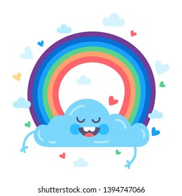 Vector illustration with cute cloud, rainbow and hearts. Lovely cute cloud in the sky having fun and smiling. Vector colorful flat illustration.