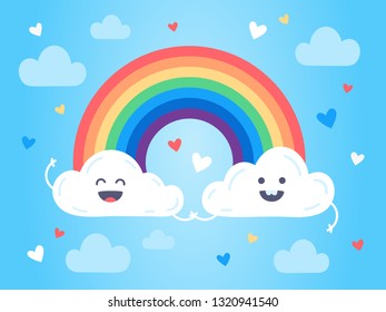Vector illustration with cute clouds, rainbow and hearts. Lovely clouds holding hands and smiling. Vector flat illustration.