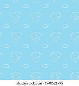 vector illustration with cute clouds and raindrops seamless pattern background, cute spring cartoon pattern. Repeated summer vector illustration, pretty seamless texture with tiny clouds and raindrops