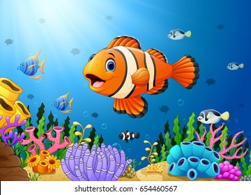 Dibujo vectorial de la caricatura de pescado payaso cute en el mar