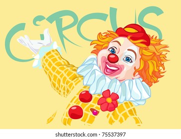 Vector illustration, cute clown inviting to circus, cartoon concept.