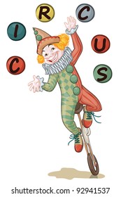 Vector illustration, cute clown juggling, card concept, white background.
