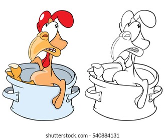 Vector Illustration of a Cute Cockerel a Pan. Cartoon Character. Coloring Book