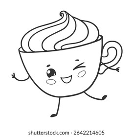 Vector illustration of cute cocoa cup with winking face and whipped-cream topping. Line art isolated illustration.