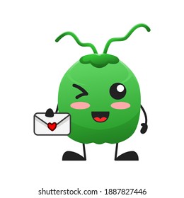 vector illustration of cute coconut fruit valentine or character holding mail love. cute coconut fruit Concept White Isolated. Flat Cartoon Style Suitable for Landing Page, Banner, Flyer, Sticker.