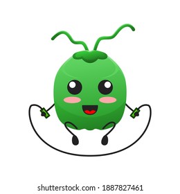 vector illustration of cute coconut fruit sport or character play jump rope. cute coconut fruit Concept White Isolated. Flat Cartoon Style Suitable for Landing Page, Banner, Flyer, Sticker.