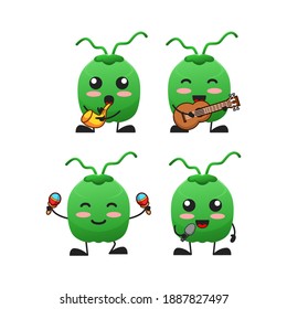 vector illustration of cute coconut fruit playing music theme bundle set. cute coconut fruit Concept White Isolated. Flat Cartoon Style Suitable for Landing Page, Banner, flyer, Sticker.
