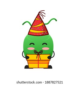 vector illustration of cute coconut fruit birthday or character holding gift box. cute coconut fruit Concept White Isolated. Flat Cartoon Style Suitable for Landing Page, Banner, Flyer, Sticker.