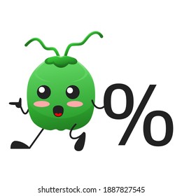 vector illustration of cute coconut fruit business or character with percent. cute coconut fruit Concept White Isolated. Flat Cartoon Style Suitable for Landing Page, Banner, Flyer, Sticker.