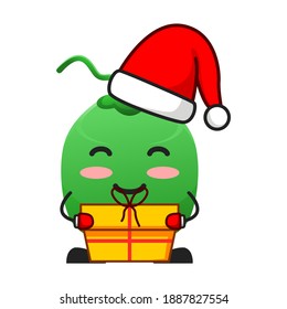 vector illustration of cute coconut fruit christmas or character with gift box. cute coconut fruit Concept White Isolated. Flat Cartoon Style Suitable for Landing Page, Banner, Flyer, Sticker.