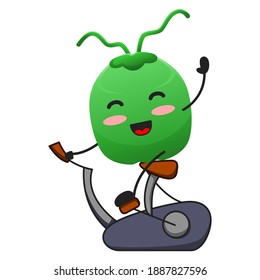 vector illustration of cute coconut fruit sport or character with static bike. cute coconut fruit Concept White Isolated. Flat Cartoon Style Suitable for Landing Page, Banner, Flyer, Sticker.