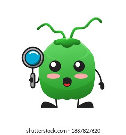 vector illustration of cute coconut fruit or character holding magnifying glass. cute coconut fruit Concept White Isolated. Flat Cartoon Style Suitable for Landing Page, Banner, Flyer, Sticker.