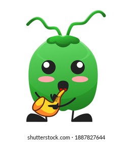 vector illustration of cute coconut fruit music or character playing saxophone. cute coconut fruit Concept White Isolated. Flat Cartoon Style Suitable for Landing Page, Banner, Flyer, Sticker.