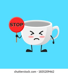 vector illustration of Cute Coffee Cup mascot or character holding sign says stop. Cute Coffee Cup Concept White Isolated. Flat Cartoon Style Suitable for Landing Page, Banner, Flyer, Sticker.