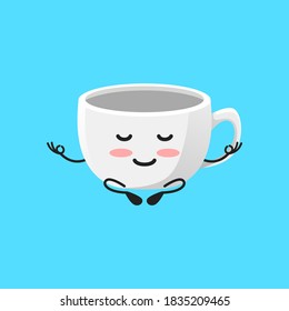 vector illustration of Cute Coffee Cup mascot or character mental meditate in lotus yoga pose. Coffee Cup Concept White Isolated. Flat Cartoon Style Suitable for Landing Page, Banner, Flyer, Sticker.