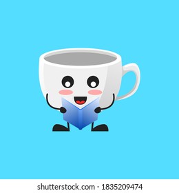 vector illustration of Cute Coffee Cup mascot or character reading book. Coffee Cup Concept White Isolated. Flat Cartoon Style Suitable for Landing Page, Banner, Flyer, Sticker.