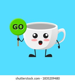 vector illustration of Cute Coffee Cup mascot or character holding sign says go. Cute Coffee Cup Concept White Isolated. Flat Cartoon Style Suitable for Landing Page, Banner, Flyer, Sticker.