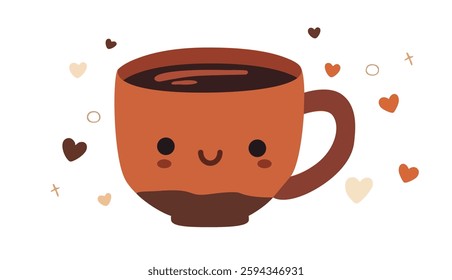 A vector illustration of a cute, coffee cup with a smiling face, surrounded by hearts. The cup is light orange in color with a dark brown liquid inside. The face has rosy cheeks, closed eyes.