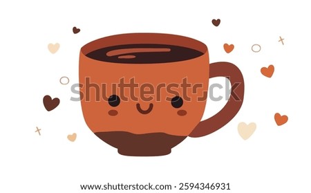 A vector illustration of a cute, coffee cup with a smiling face, surrounded by hearts. The cup is light orange in color with a dark brown liquid inside. The face has rosy cheeks, closed eyes.