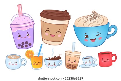 Vector illustration of cute coffee cups, bubble tea, and juice with happy faces. Flat colorful drink set.