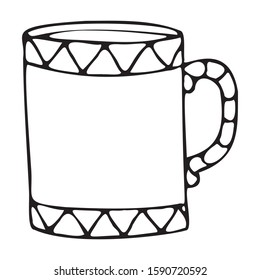 Vector illustration of cute coffee mug. Black outlines isolated on white background. Doodle style. Design for greeting cards, gifts, wrapping paper etc.
