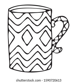 Vector illustration of cute coffee mug. Black outlines isolated on white background. Doodle style. Design for greeting cards, gifts, wrapping paper etc.