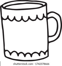 Vector illustration of cute coffee mug, cup. Black outlines isolated on white background. Doodle style. Design for greeting cards, gifts, wrapping paper etc.