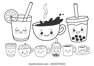 Vector illustration of cute coffee, tea, and bubble tea in black and white line art. Fun and smiling drink characters.