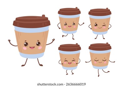 Vector illustration of cute coffee to-go cups with happy faces. Flat illustration isolated.