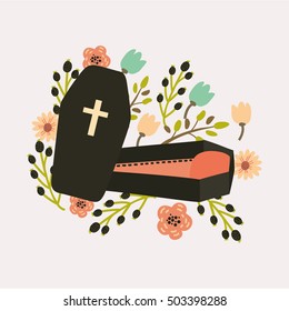 Vector illustration of cute coffin decorated with flowers. For your design cards and prints