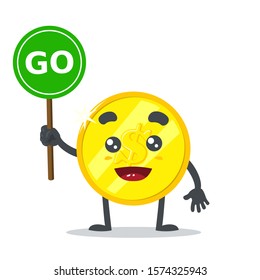 vector illustration of cute coin mascot, holding sign on white background