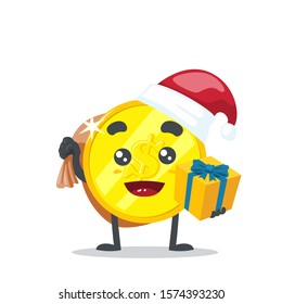 vector illustration of cute coin mascot, wearing santa hat on white background