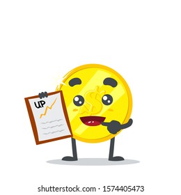 vector illustration of cute coin mascot, presetation with clipboard on white background