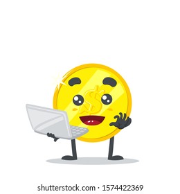 vector illustration of cute coin mascot presentation use computer, on white background