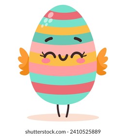 Vector illustration of cute colored cartoon character happy striped easter egg. Groovy vintage cute mascot. Vector illustration. Happy Easter greeting card.