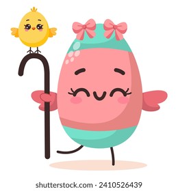 Vector illustration of cute colored cartoon character easter egg with with shepherd's crook and chicken. Groovy vintage cute mascot. Vector illustration. Happy Easter greeting card.