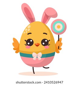 Vector illustration of cute colored cartoon character easter egg with lollipop. Groovy vintage cute mascot. Vector illustration. Happy Easter greeting card.