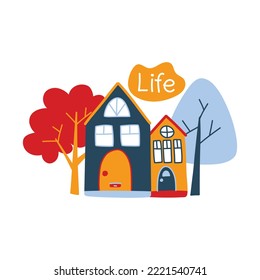 Ilustración vectorial con montañas y árboles de colores bonitos y una inscripción Vida en estilo doodle, Ilustración Cuta para postales, afiches, telas, diseño