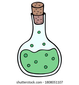 Vector illustration. Cute colored vessel with potion and bubbles isolated on white. Mystic, halloween theme. Hand drawn simple doodle clipart in a trendy minimalism style. For banner, logo, pattern.