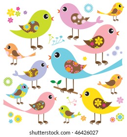 Vector illustration of cute and colorful birds. Can be used to create pattern.