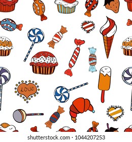 Vector illustration. Cute and colorful candy sweet seamless pattern on white, orange and black background. White, orange and black version. Isolated.