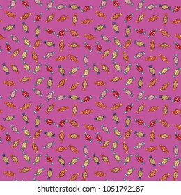 Vector illustration. Cute and colorful candy sweet seamless pattern on pink, orange and black background. Pink, orange and black version. Isolated.